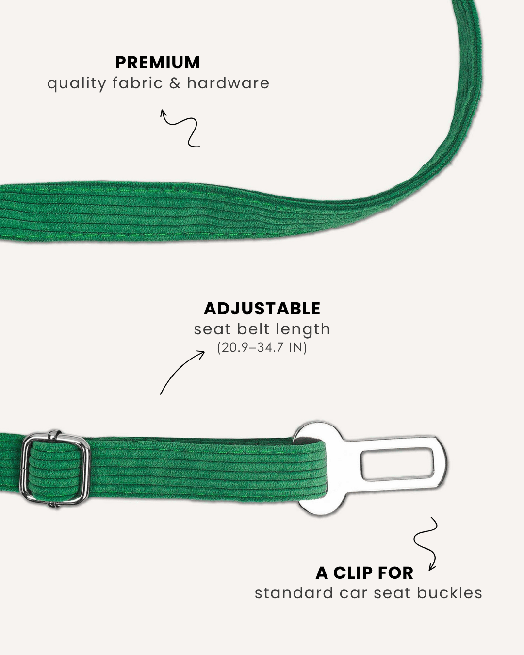 Kelly green corduroy dog seatbelt, Le Noof