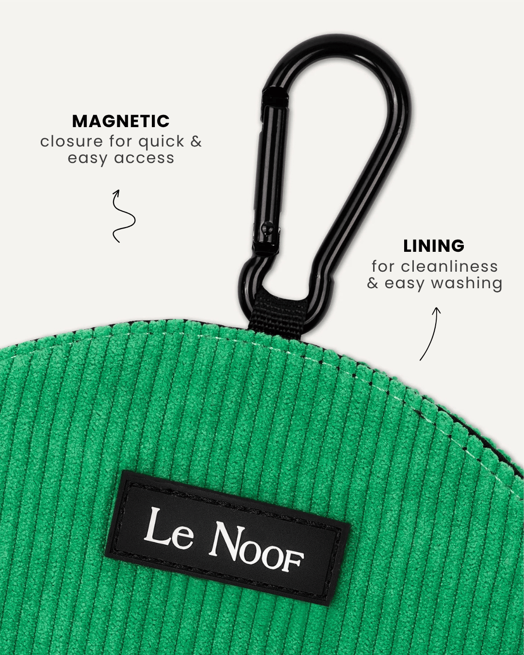 Kelly green corduroy dog treat pouch close-up, Le Noof