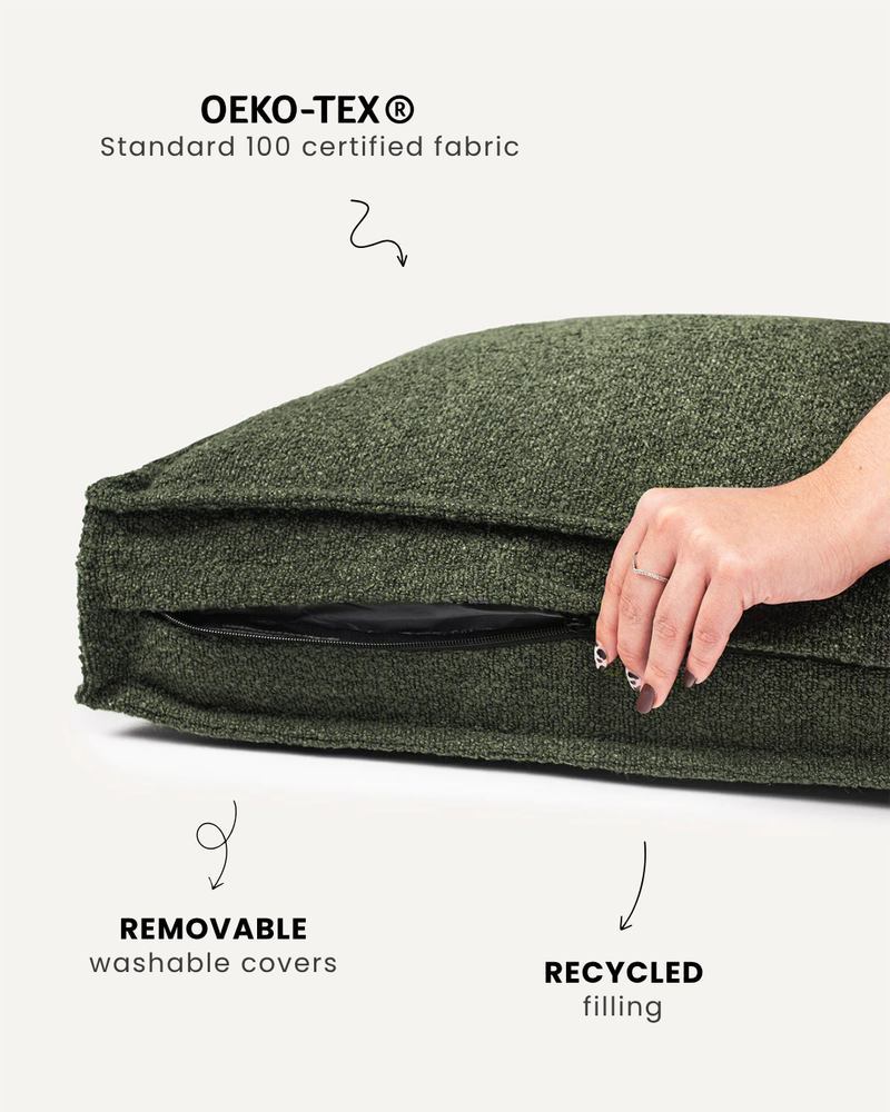 Green boucle design dog bed with open zipper, Le Noof