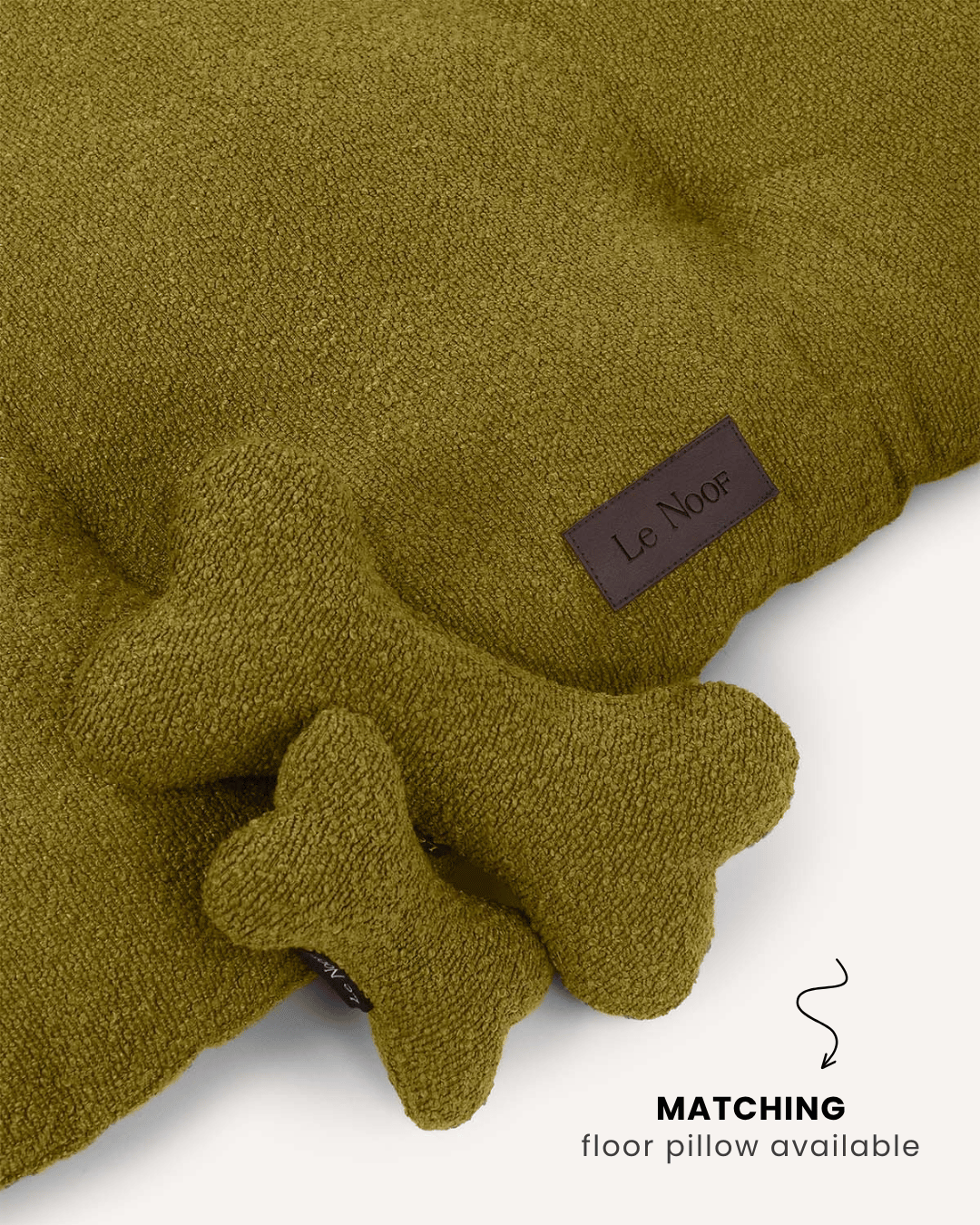Chartreuse green boucle bone dog toy with matching dog bed, Le Noof