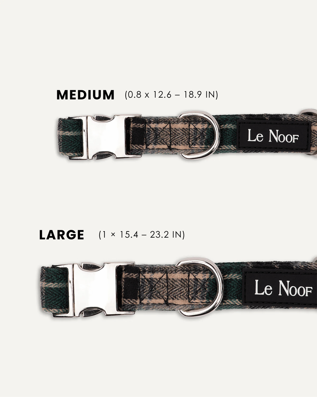 Green plaid dog collar size comparison, Le Noof