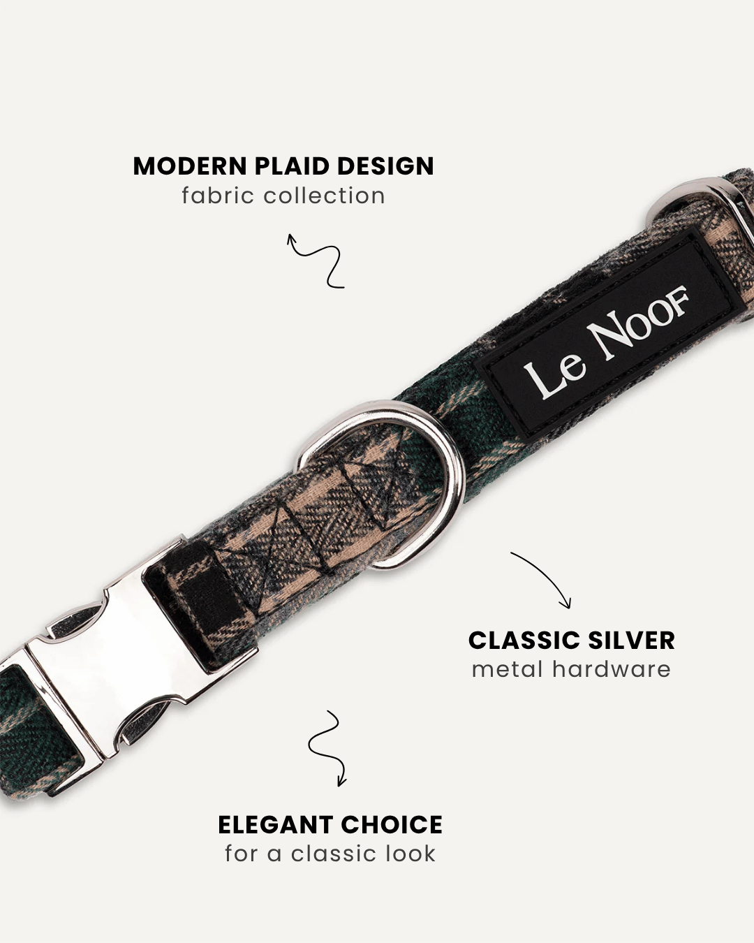 Green plaid dog collar close-up, Le Noof