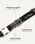 Green plaid dog collar close-up, Le Noof