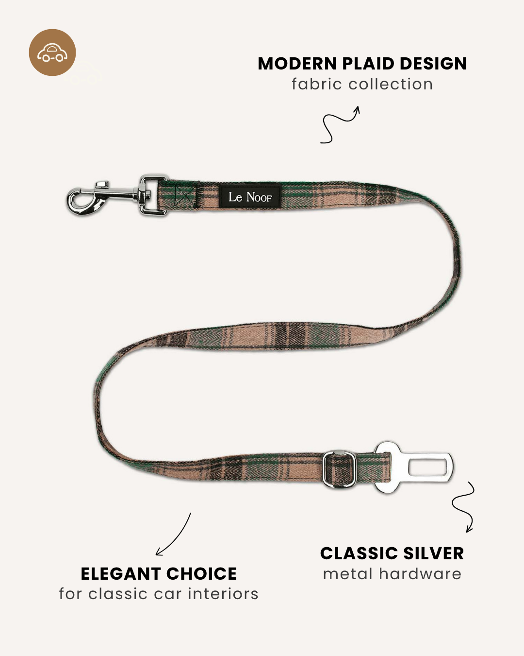 Green plaid dog seatbelt, Le Noof