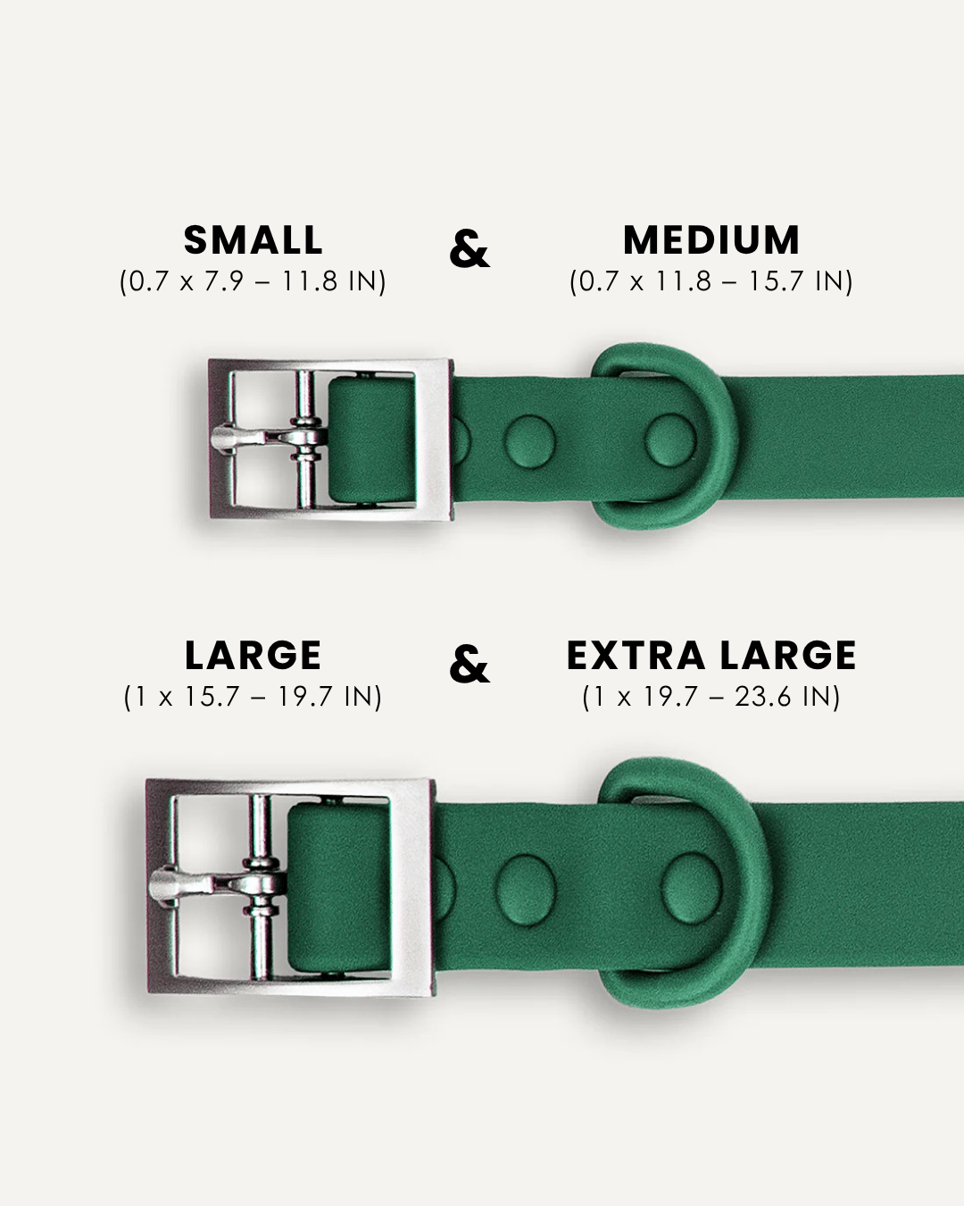 Green waterproof dog collar size comparison, Le Noof