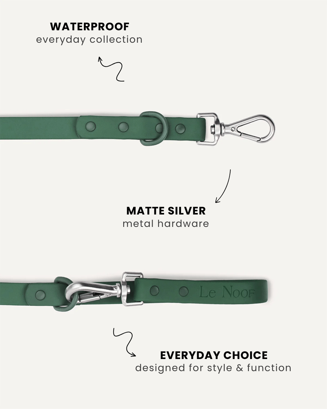 Green waterproof dog leash close-up, Le Noof
