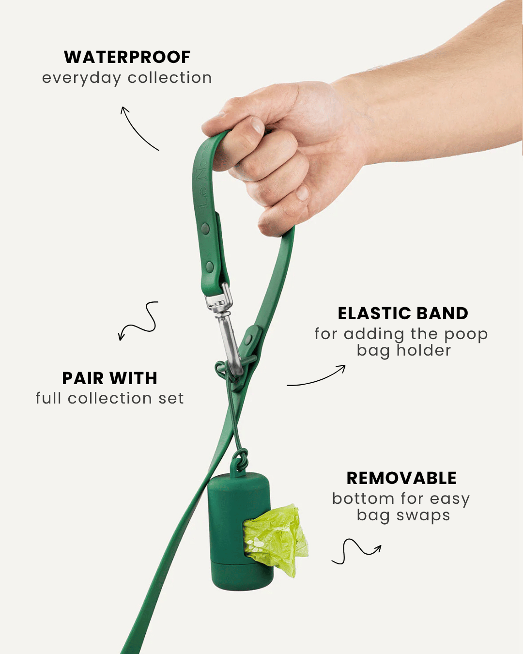 Green waterproof dog leash with poop bag holder, Le Noof