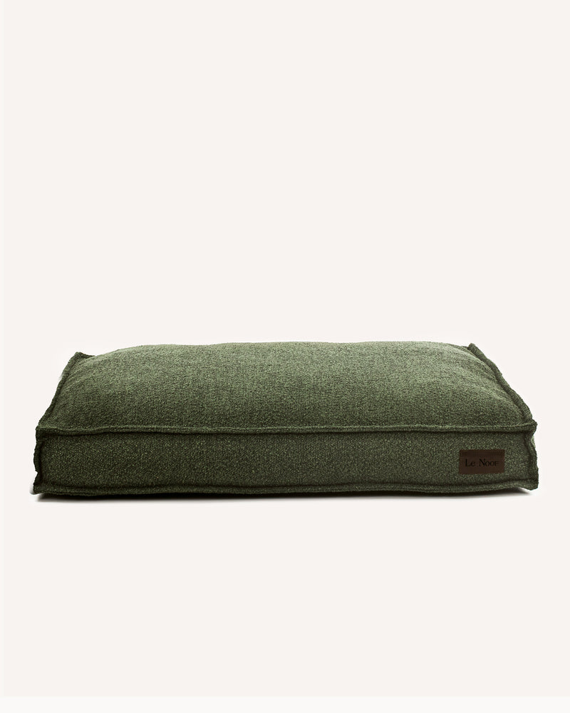 green Le Noof Premium Boucle Square dog bed on white background