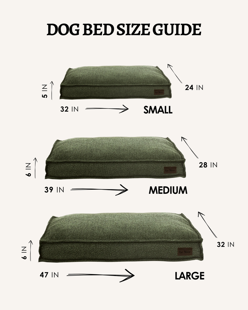 Green boucle rectangle dog beds in 3 sizes with measurements
