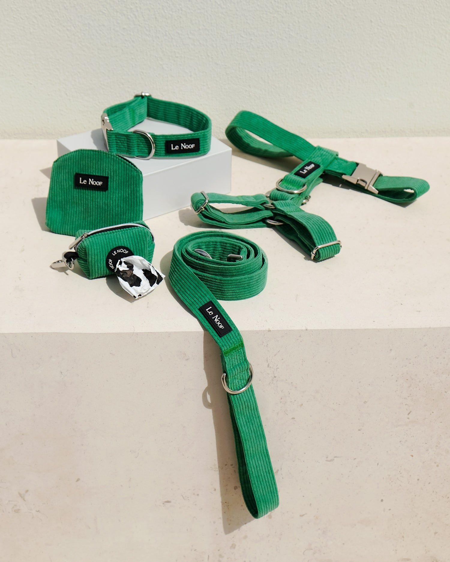 Kelly green corduroy dog walk set, Le Noof