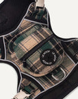 Green flannel dog harness with Le Noof logo super closeup
