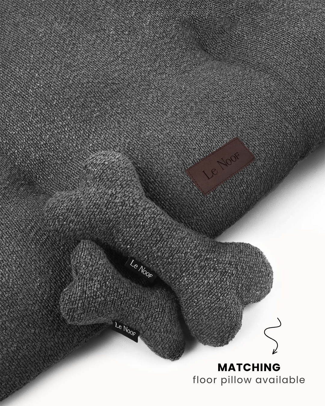 Grey boucle bone dog toy with matching dog bed, Le Noof