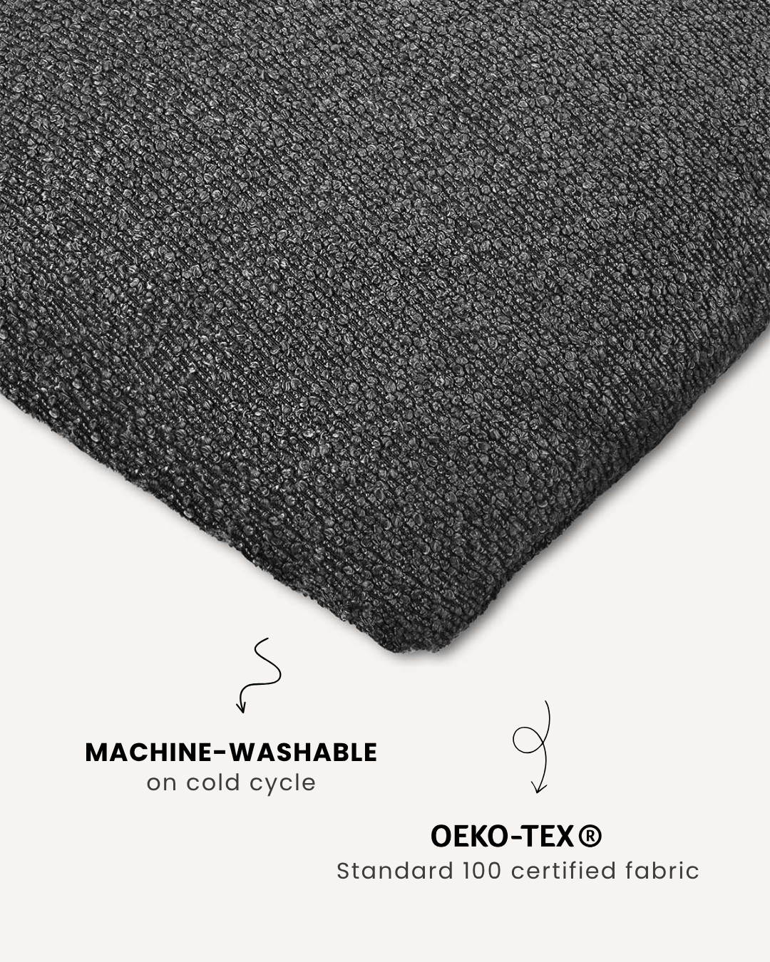 Grey boucle floor dog pillow close-up, Le Noof