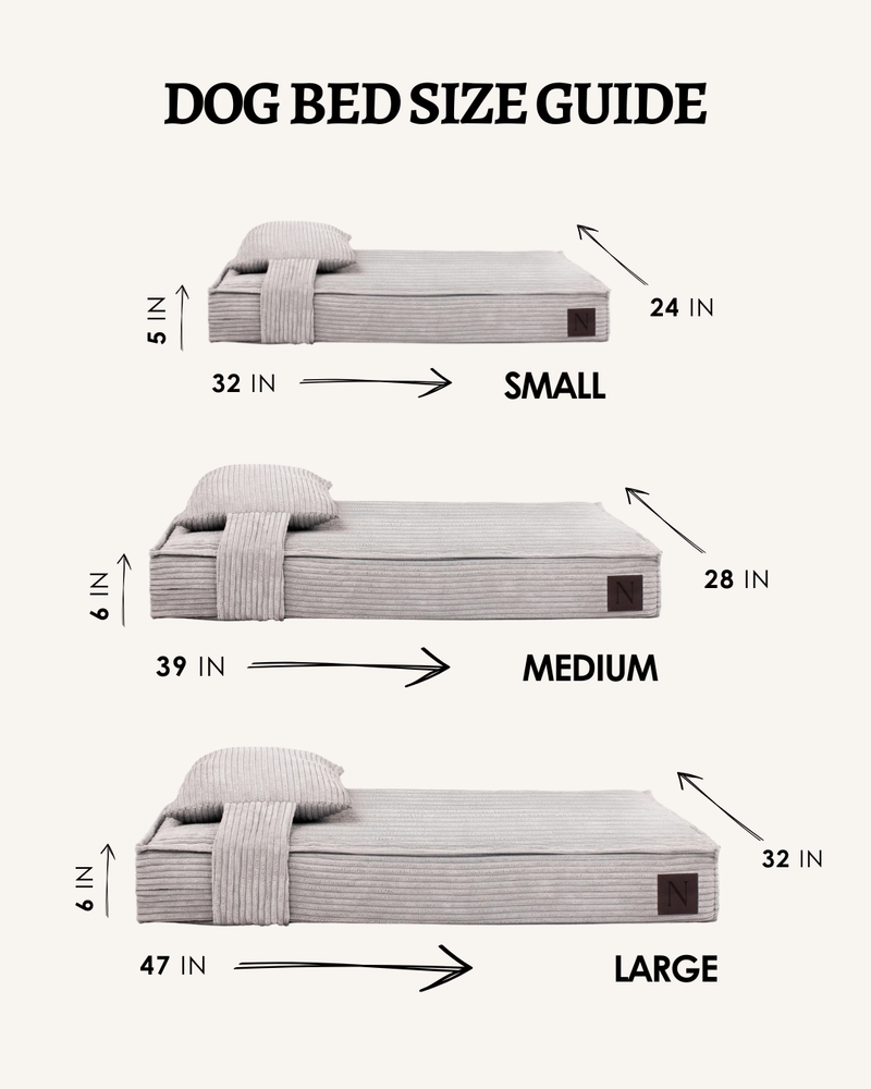 Grey corduroy orthopedic dog bed in 3 sizes with measurements