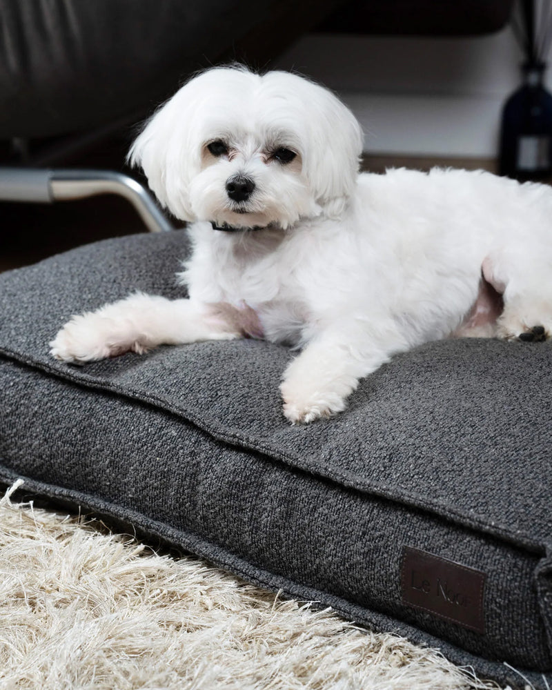 Grey boucle square dog bed customer review, Le Noof