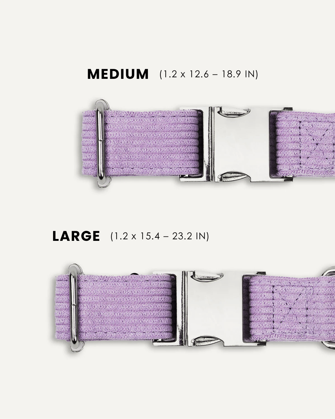 Lavender corduroy dog collar size comparison, Le Noof