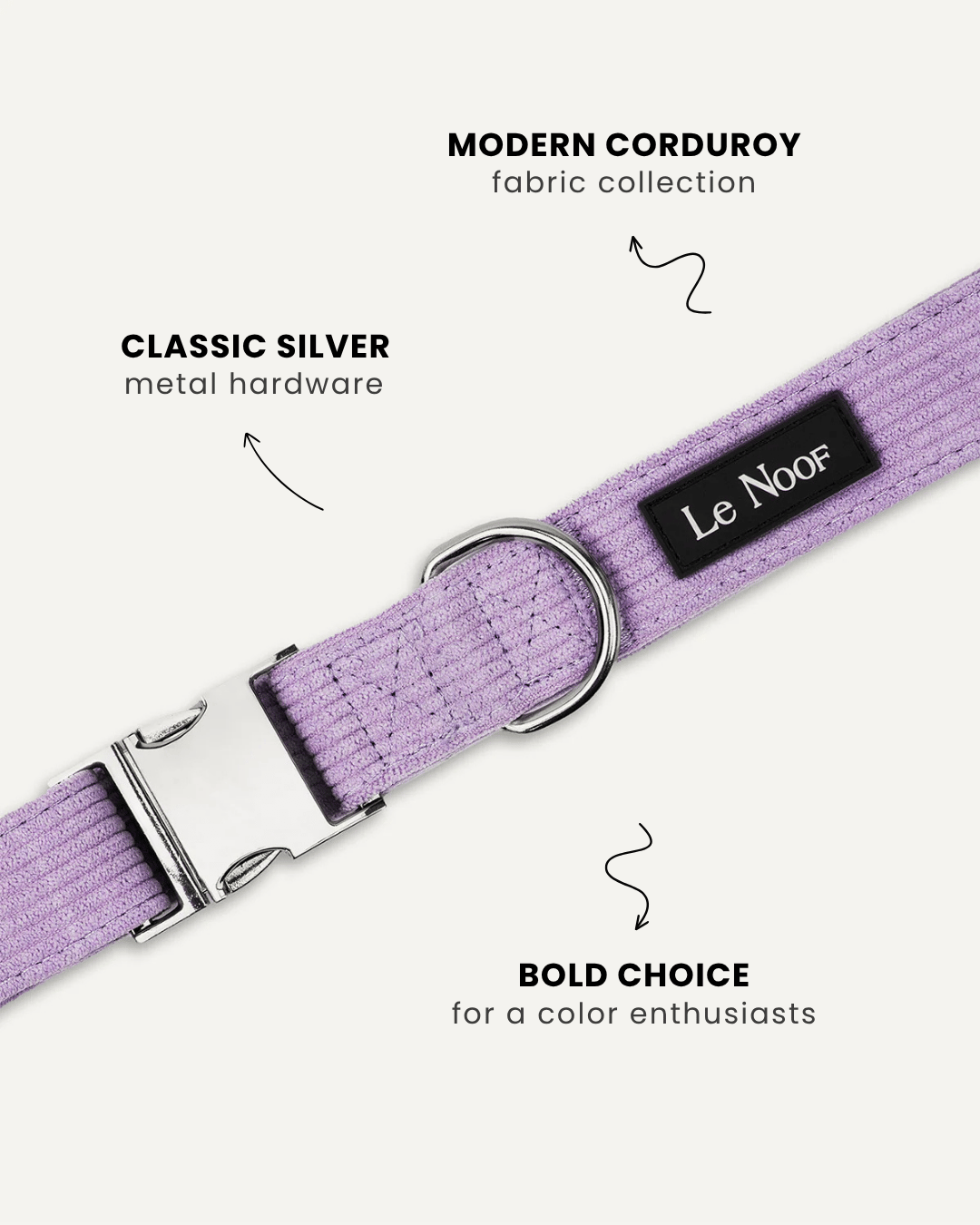 Lavender corduroy dog collar close-up, Le Noo