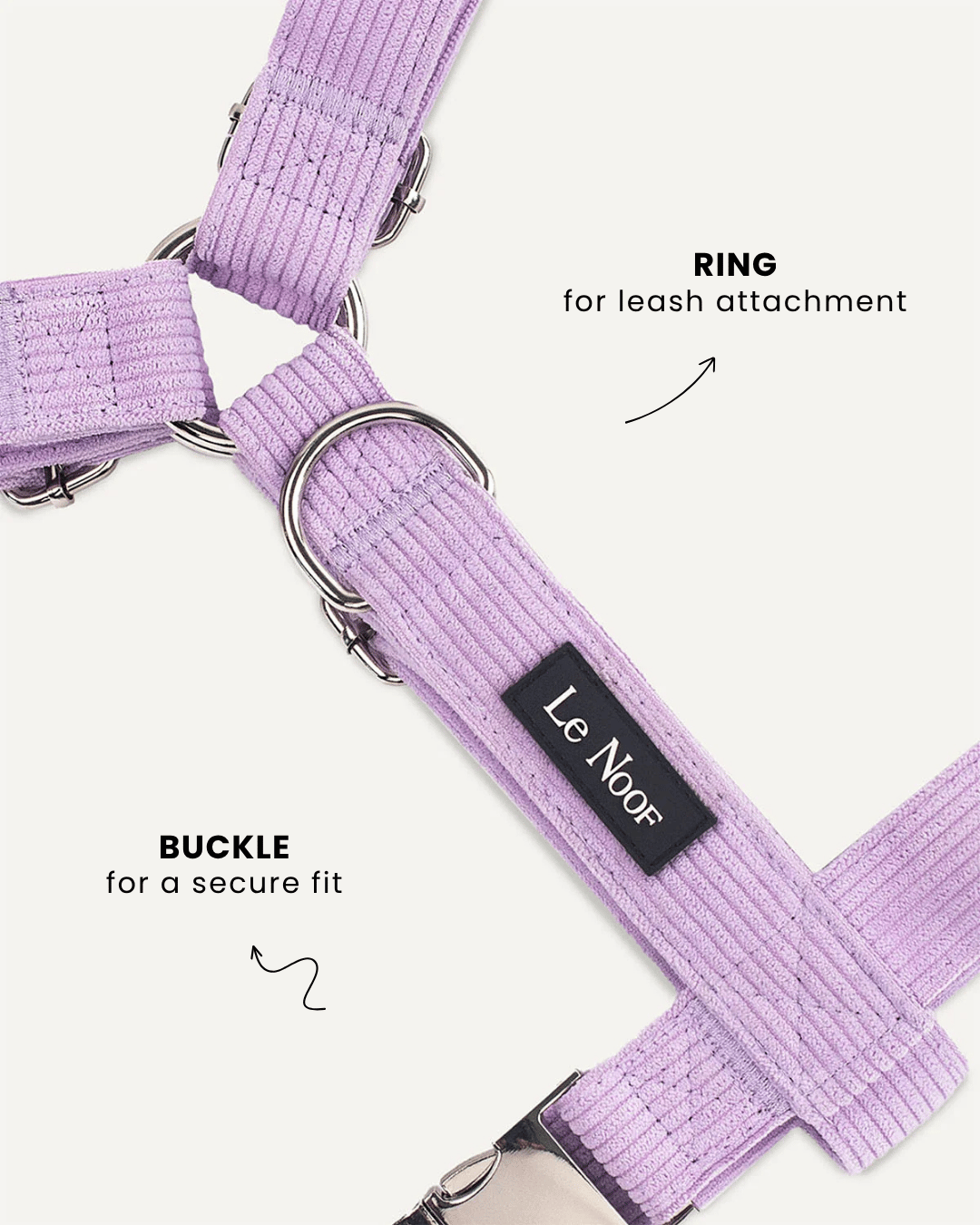 Lavender corduroy step-in dog harness close-up, Le Noof