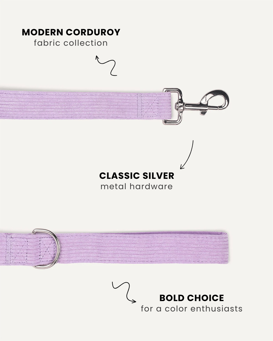 Lavender corduroy dog leash close-up, Le Noof
