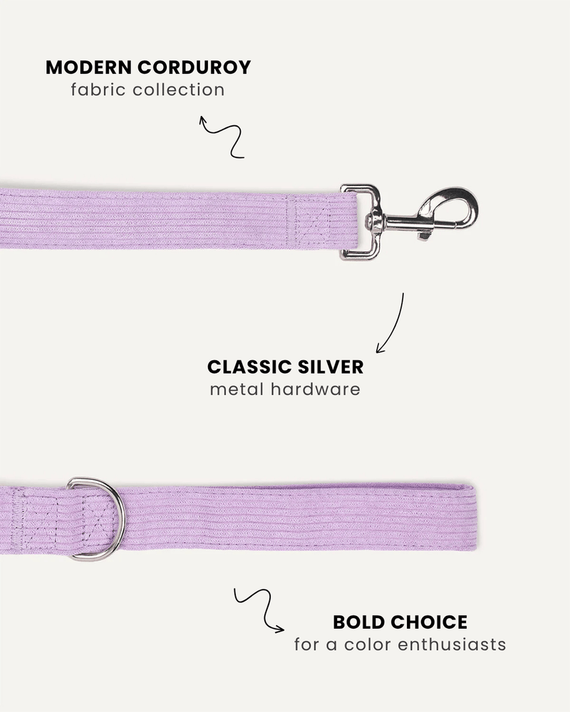 Lavender corduroy dog leash close-up, Le Noof
