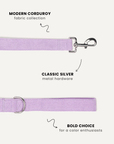Lavender corduroy dog leash close-up, Le Noof