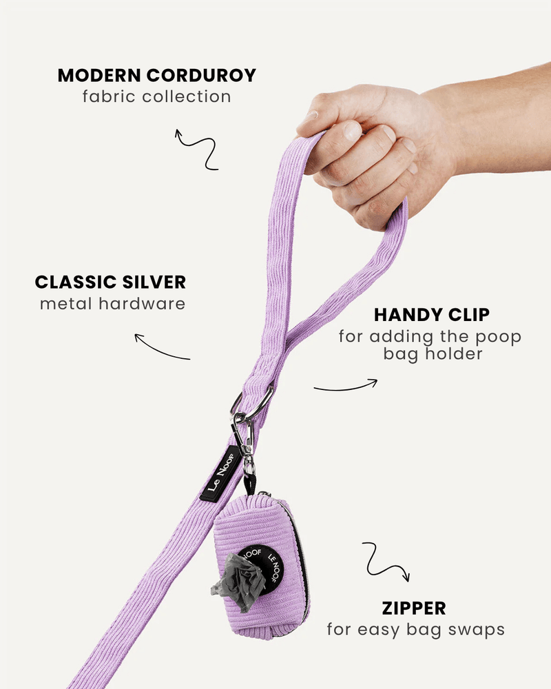 Lavender corduroy dog leash with poop bag holder, Le Noof