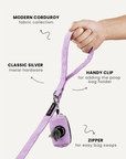 Lavender corduroy dog leash with poop bag holder, Le Noof