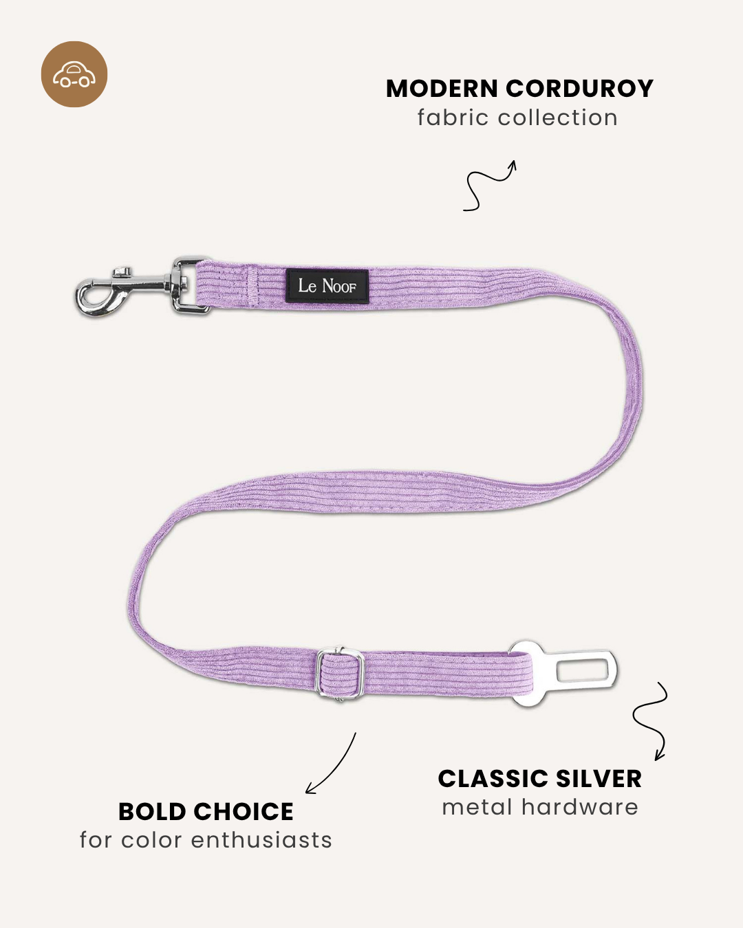 Lavender corduroy dog seatbelt, Le Noof