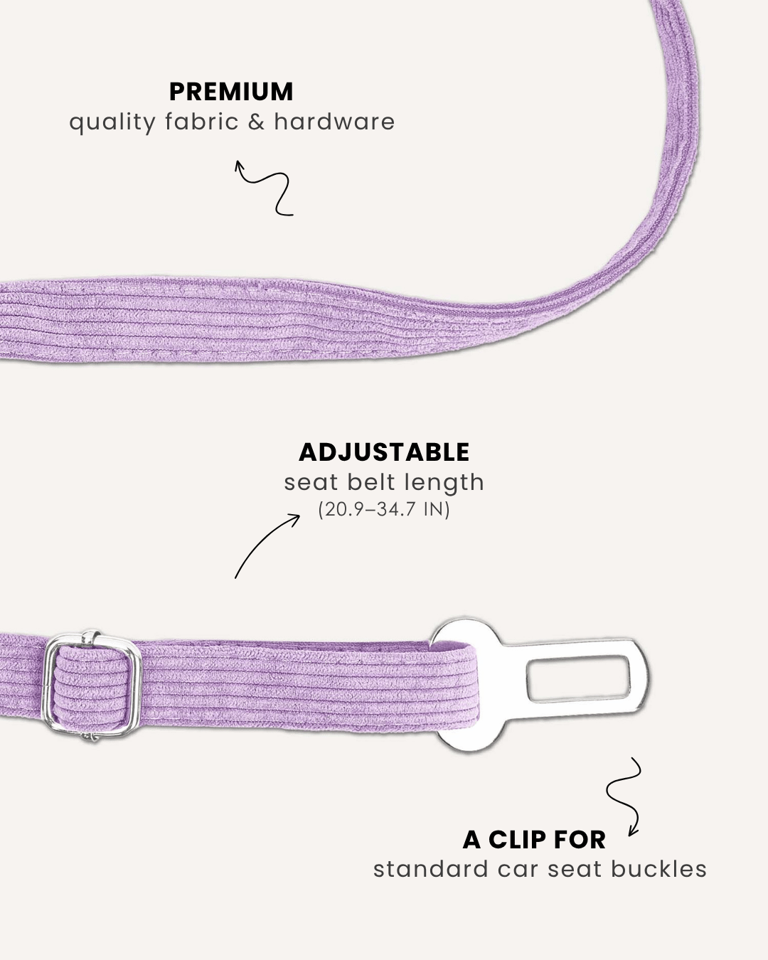 Lavender corduroy dog seatbelt, Le Noof