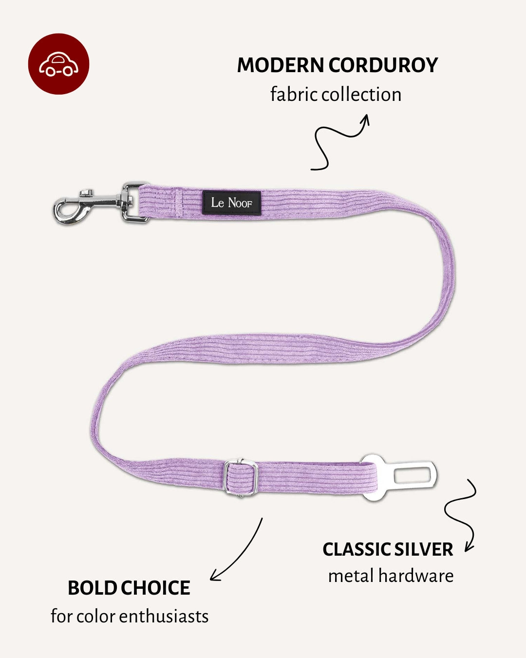 Lavender corduroy dog seatbelt, Le Noof