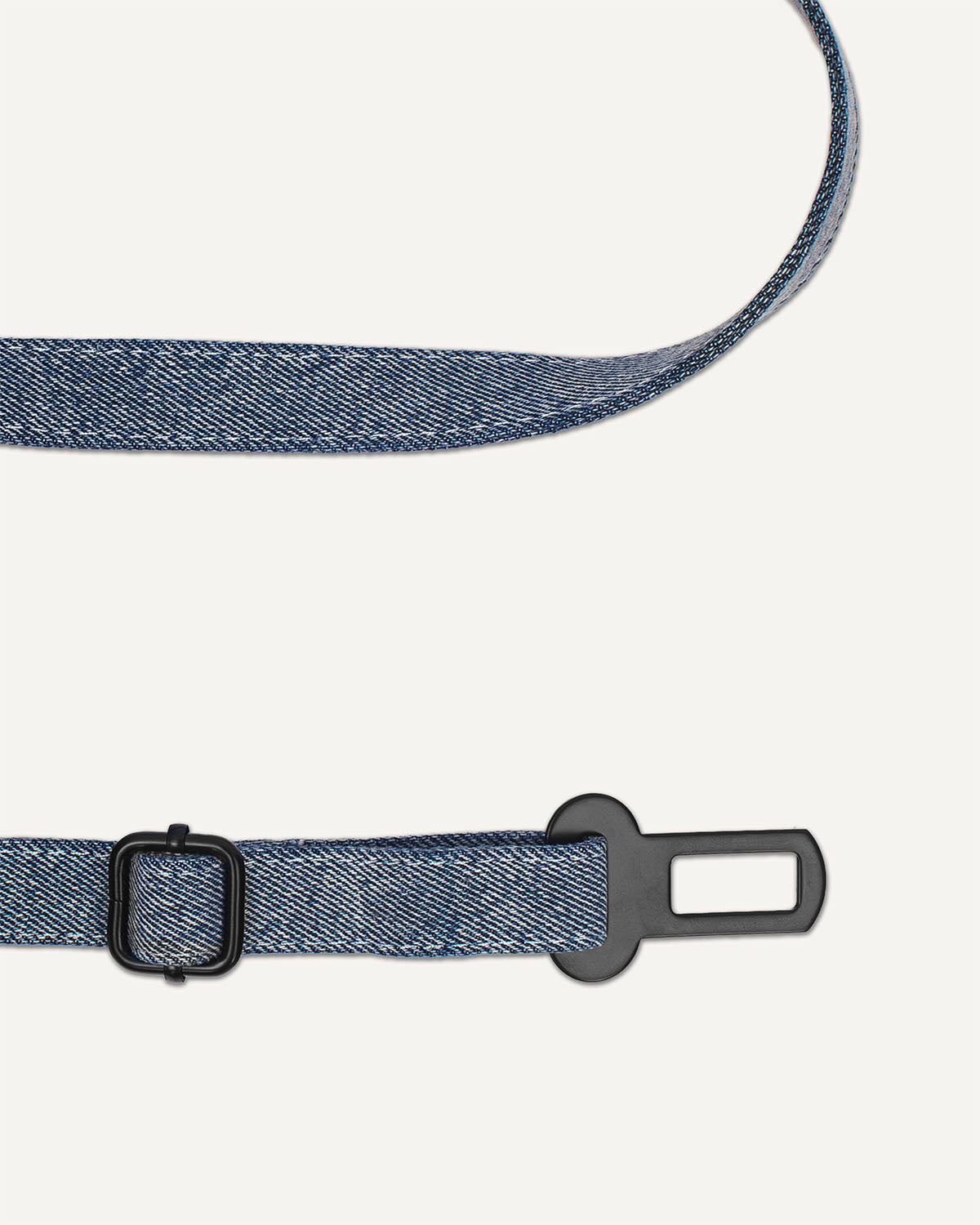 Light blue denim dog seat belt close up image