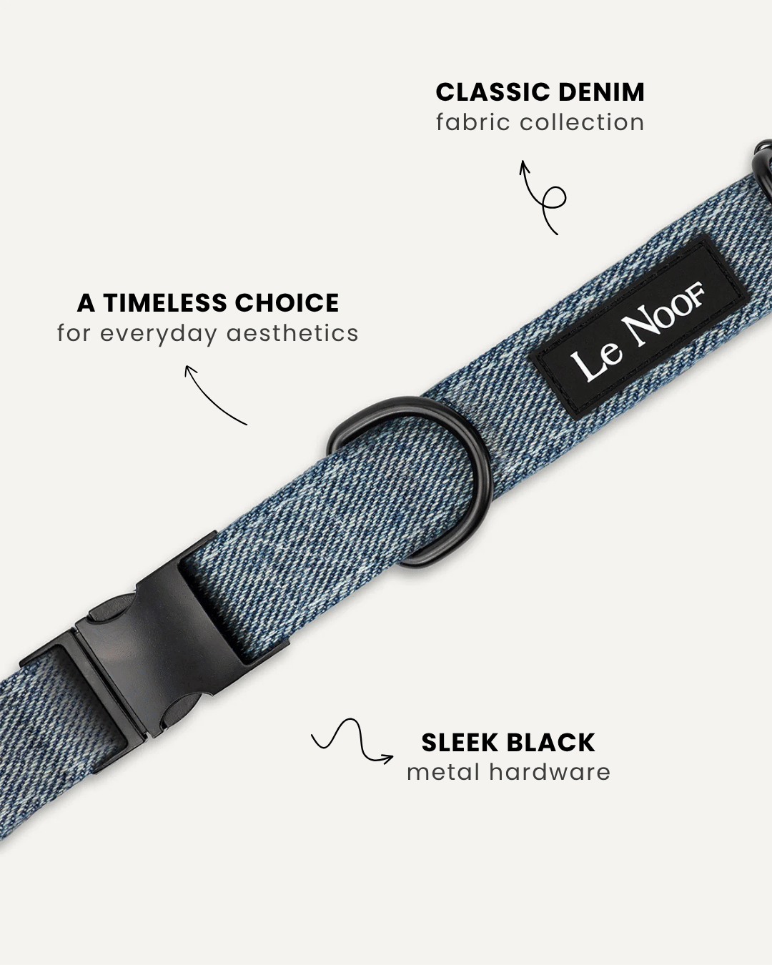 Light blue denim dog collar close-up, Le Noof