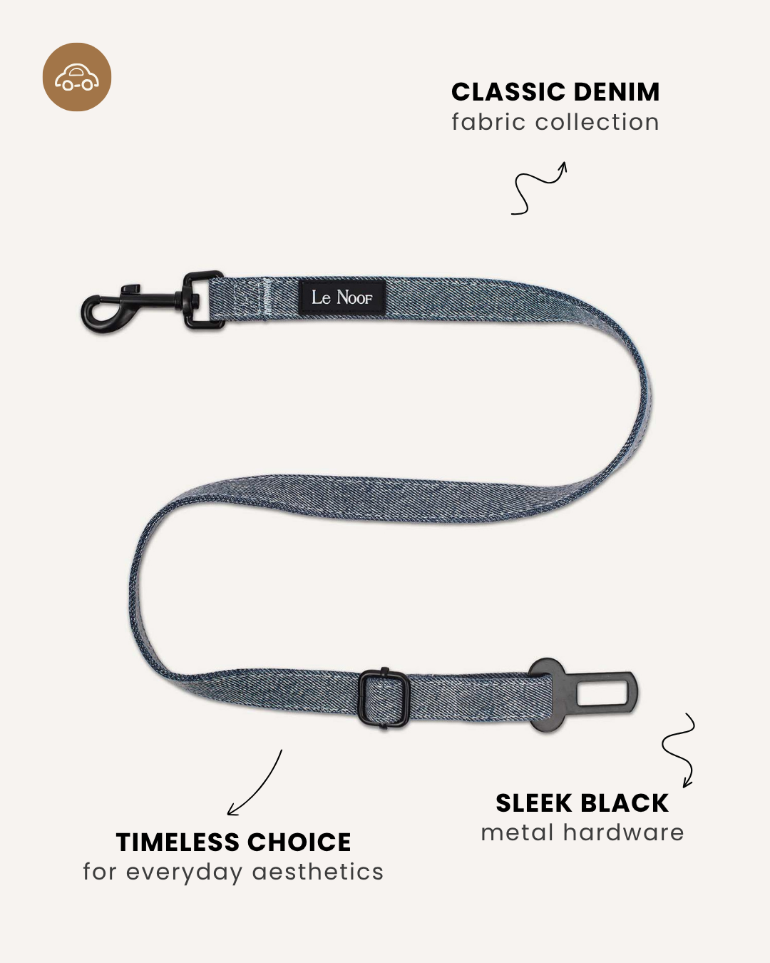 Light blue denim dog seatbelt, Le Noo