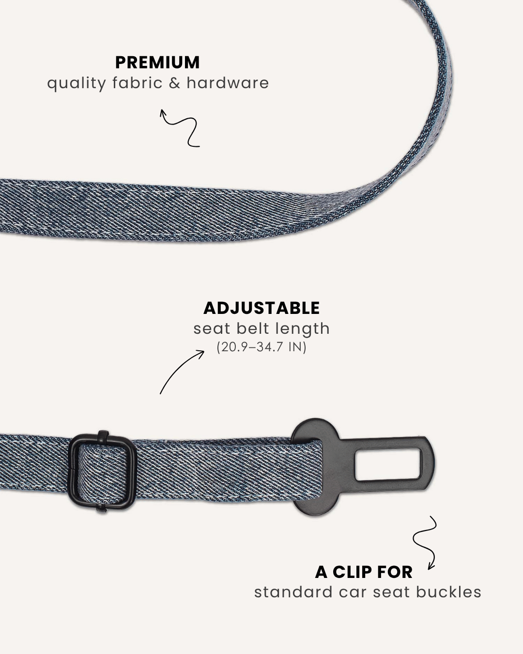 Light blue denim dog seatbelt, Le Noof