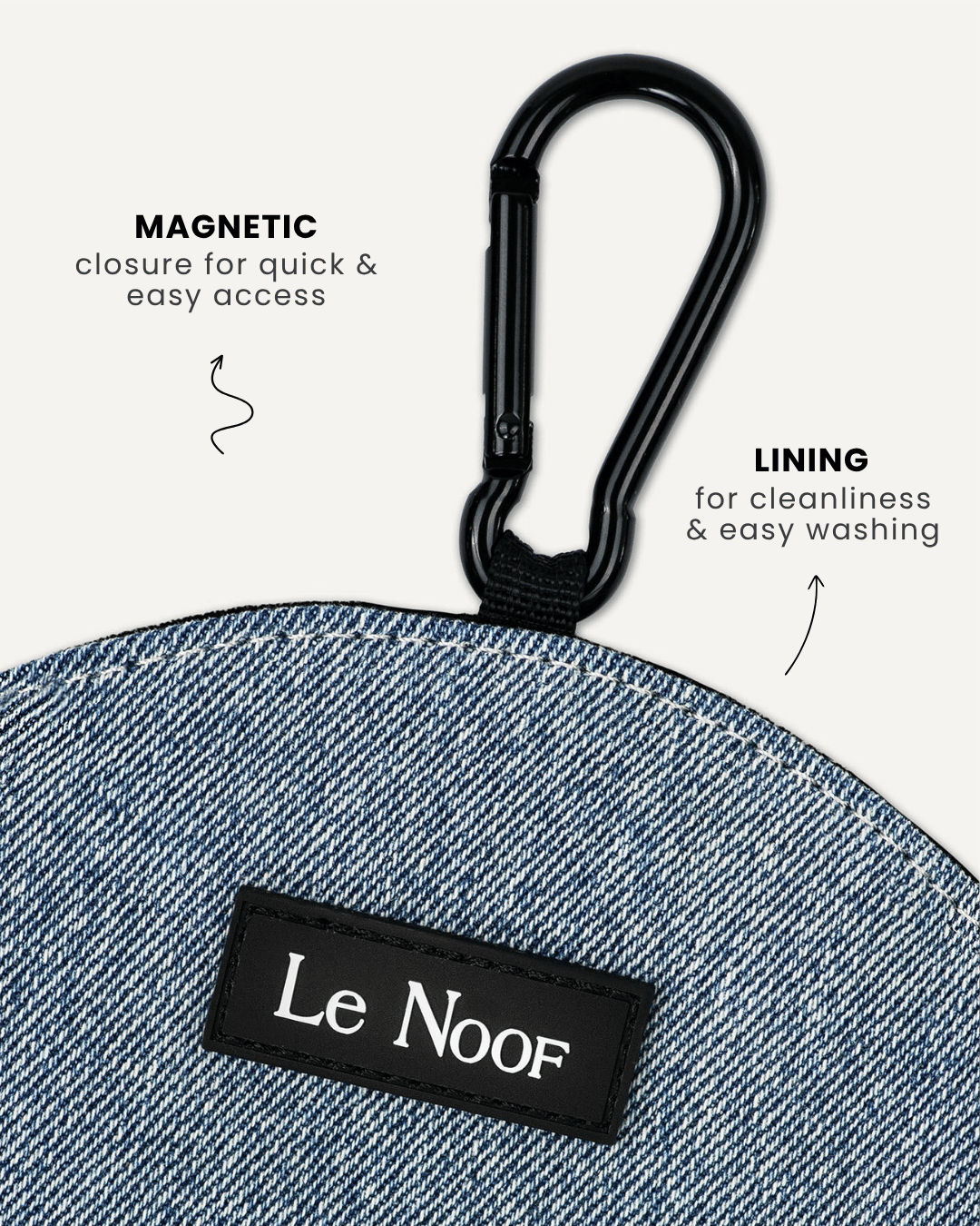 Light blue denim dog treat pouch close-up, Le Noof
