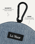 Light blue denim dog treat pouch close-up, Le Noof