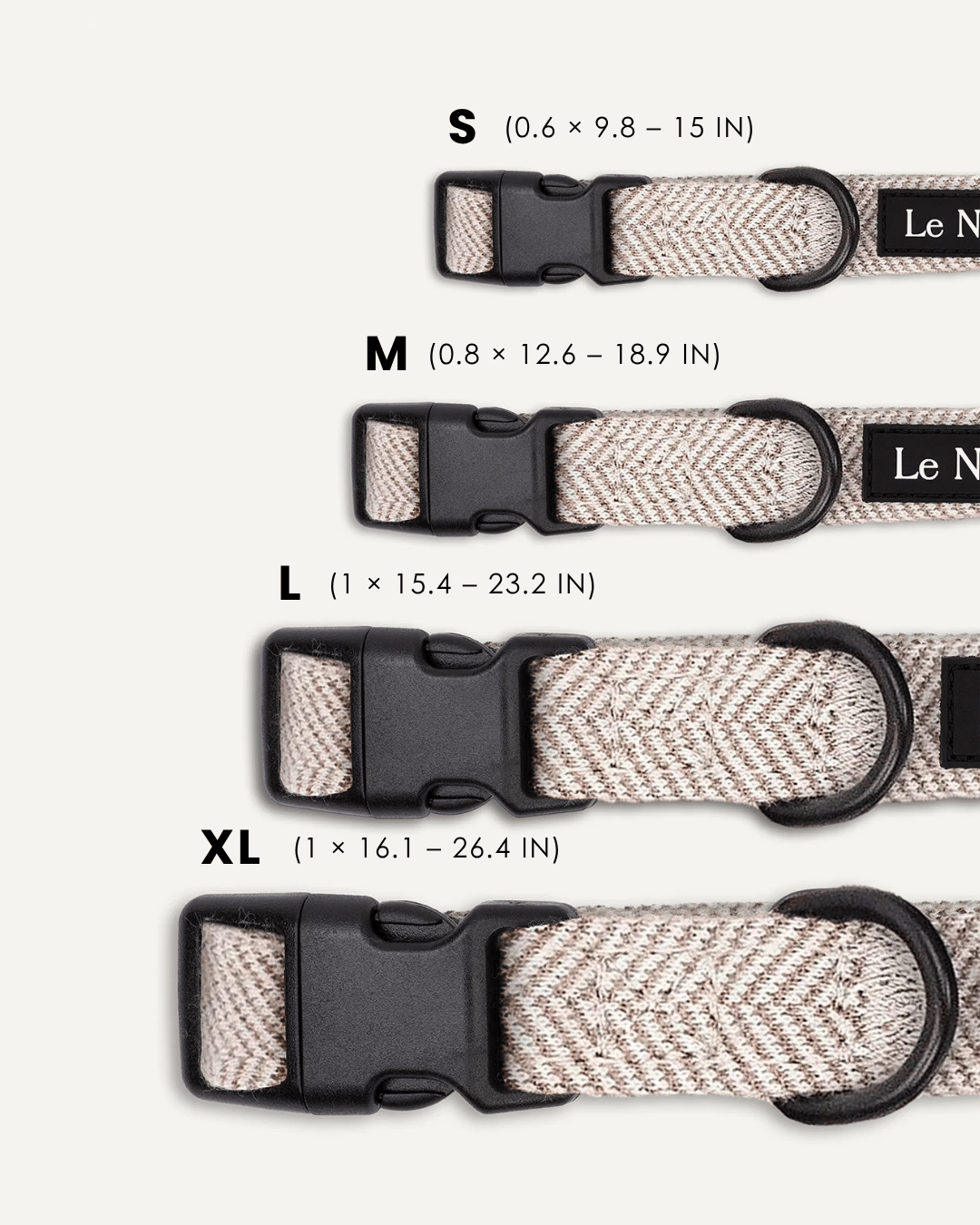 Beige herringbone dog collar size comparison, Le Noof