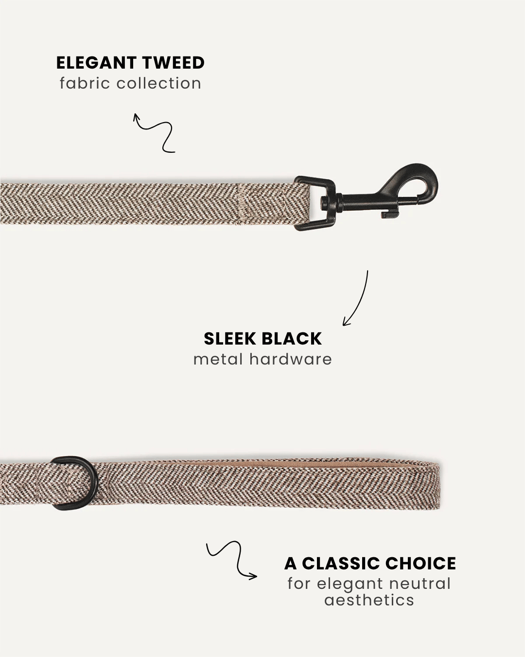 Beige herringbone dog leash close-up, Le Noof