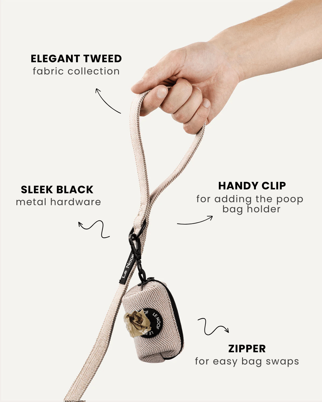 Beige herringbone dog leash with poop bag holder, Le Noof