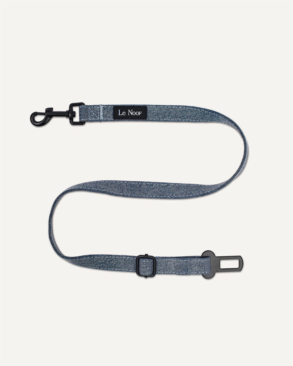 Light blue denim dog seat belt with Le Noof logo
