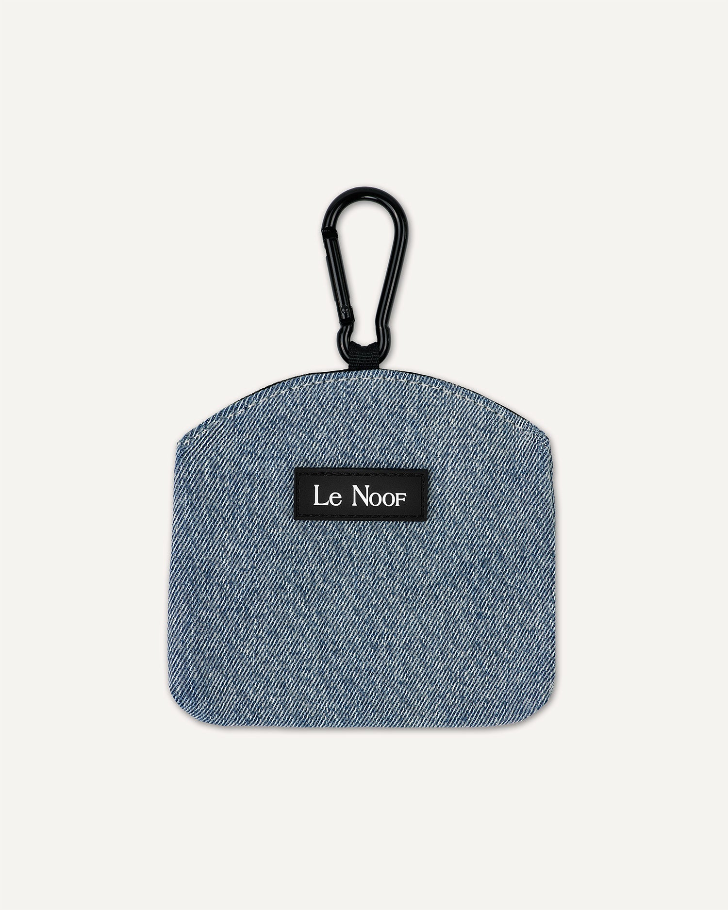 Light Blue Denim Dog Treat Pouch with a carabiner and 'Le Noof' label on a white background