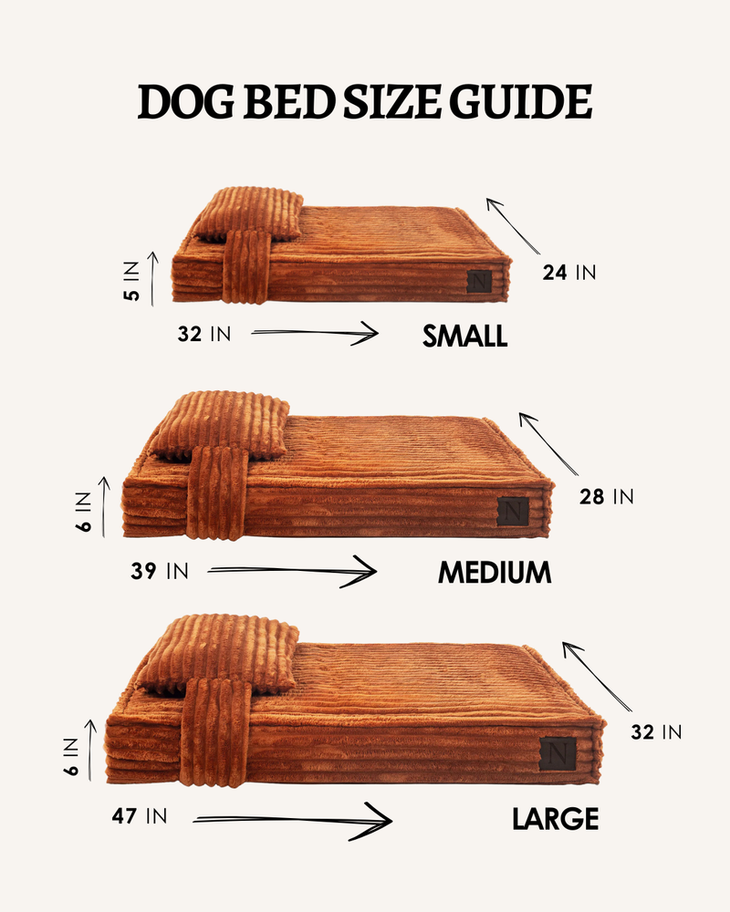 Tan brown orthopedic dog beds in three sizes with measurements, Le Noof