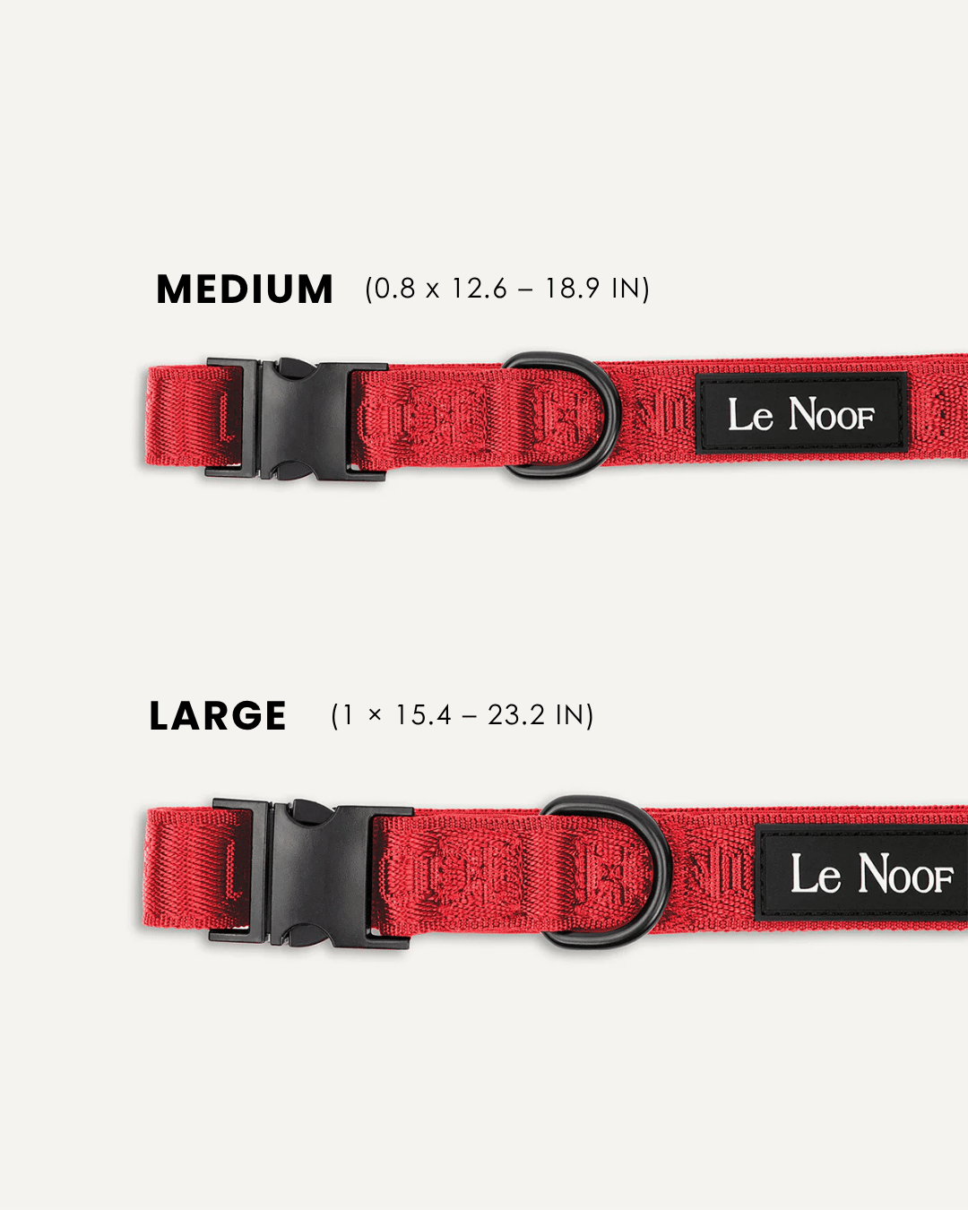 Red jacquard dog collar size comparison, Le Noof