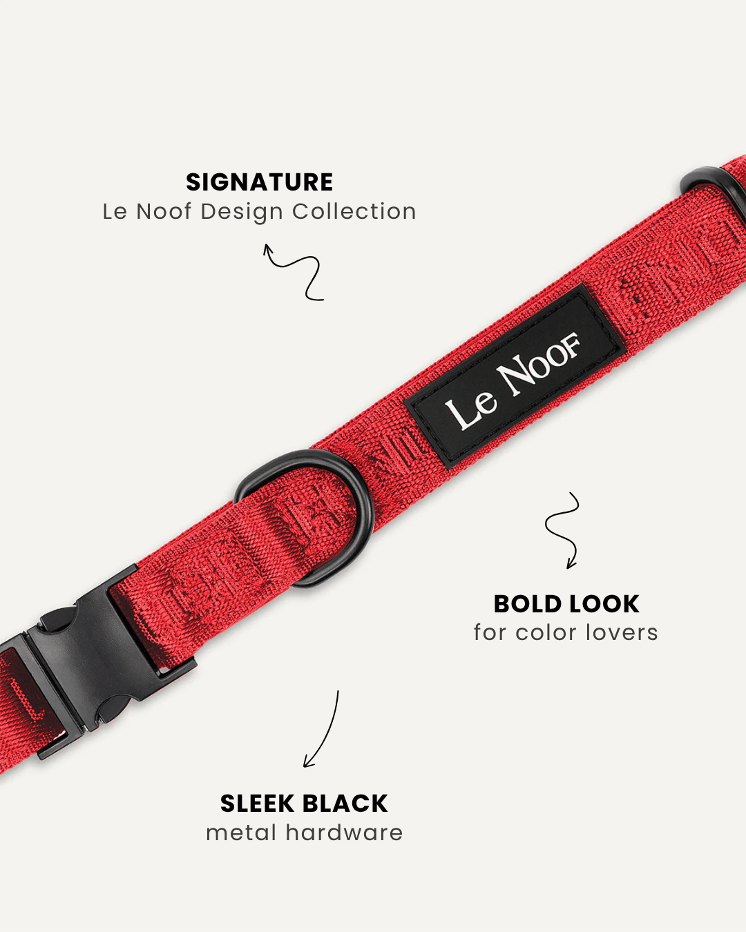 Red jacquard dog collar close-up, Le Noof