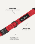 Red jacquard dog collar close-up, Le Noof