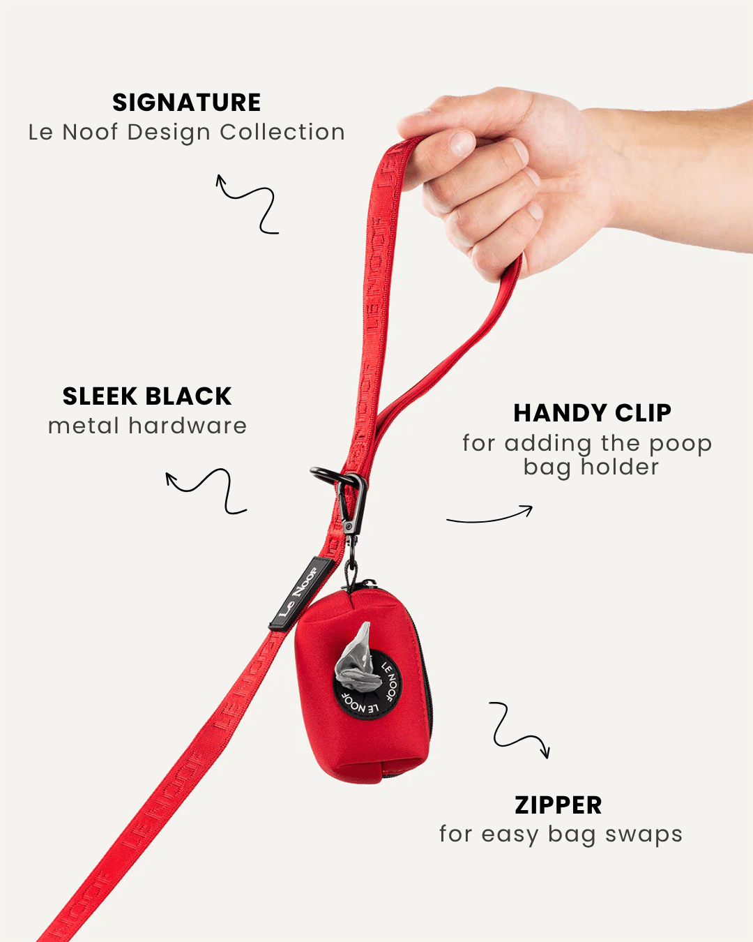 Red jacquard dog leash with poop bag holder, Le Noof