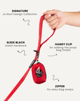 Red jacquard dog leash with poop bag holder, Le Noof
