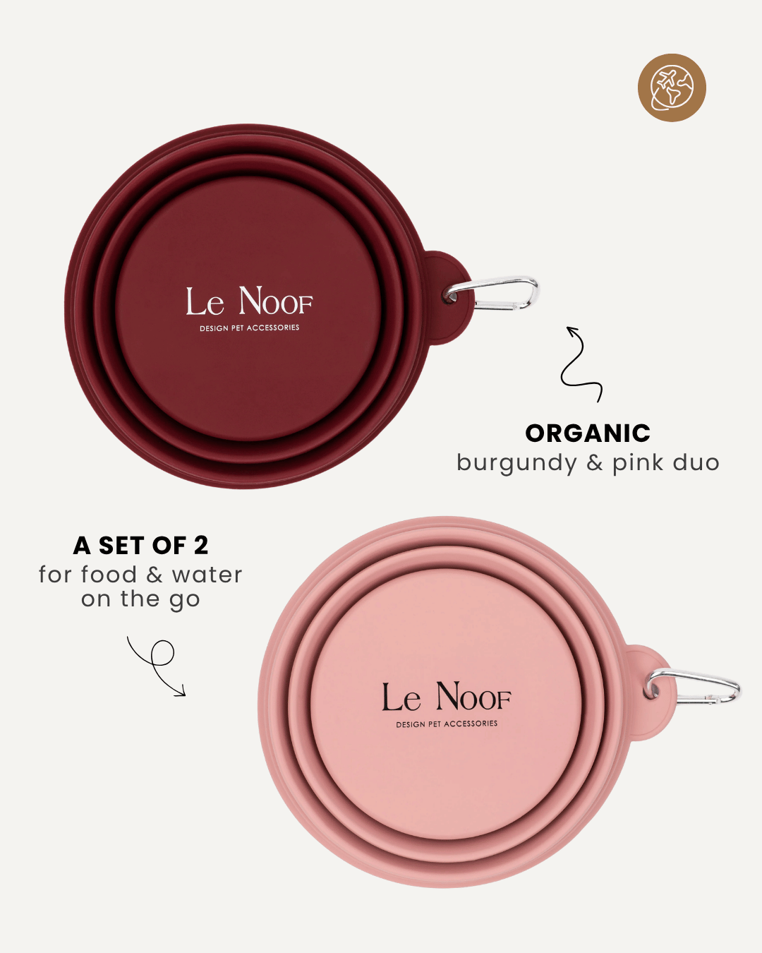 Red & Pink travel dog bowls with eatures mentioned