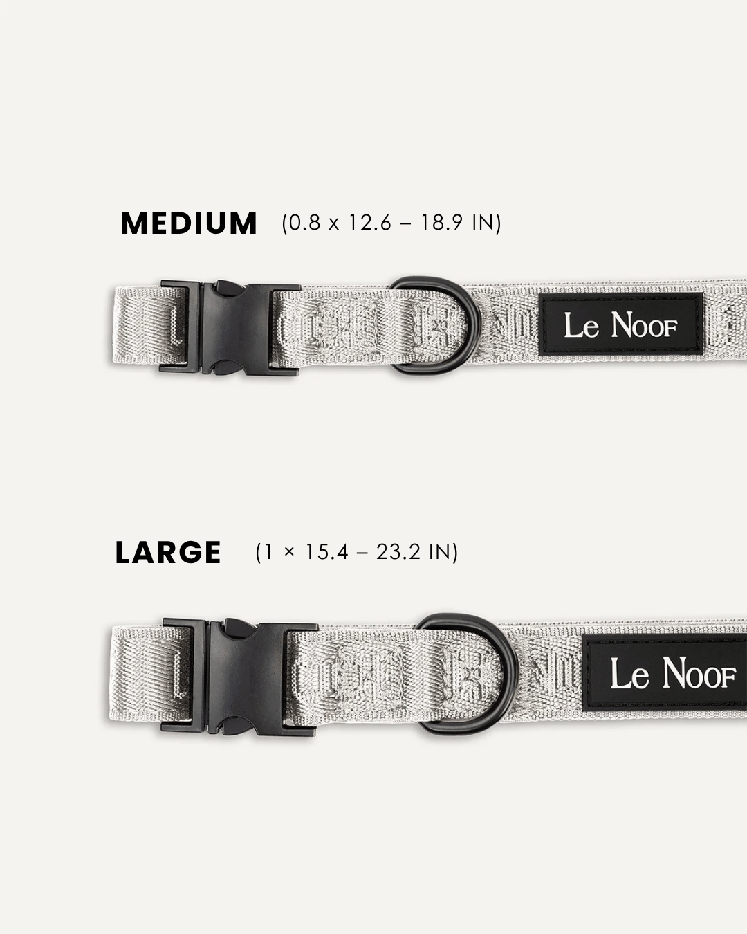 Grey jacquard dog collar size comparison, Le Noof