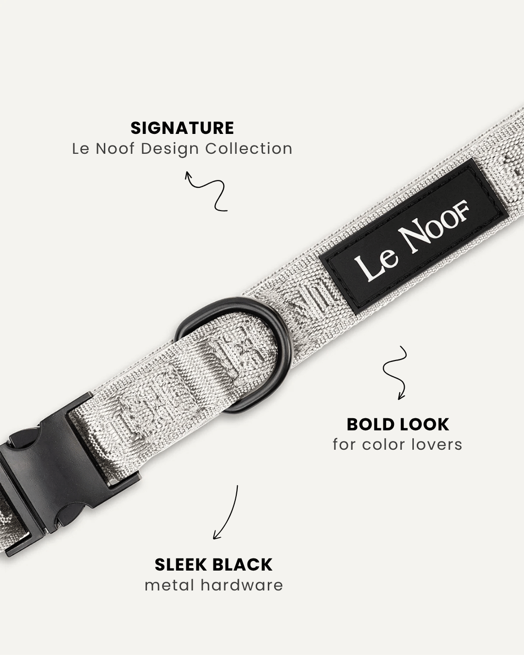 Grey jacquard dog collar close-up, Le Noof